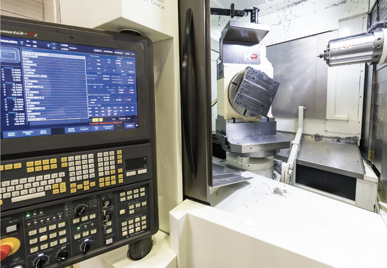 The Kitamura Mycenter-HX630G/800, a #50-taper horizontal machining center built for finesse, sheer mass, and stability. ATD opted for the machine’s 5th-axis rotary table, which gives them access to all four faces of the block in a single setup. Kitamura’s Arumatik-Mi control blends actual buttons with touch-screen simplicity and offers deep customization for a job shop environment.